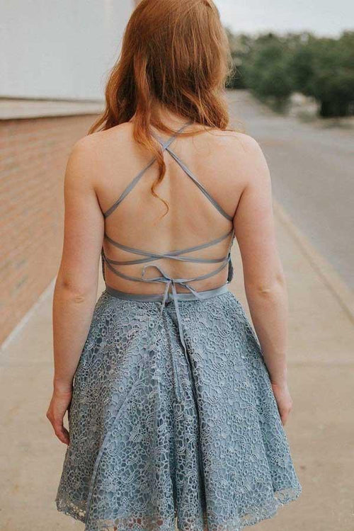 Vestido de fiesta de encaje azul con escote en A, tirantes finos, espalda descubierta y abertura por encima de la rodilla PD273