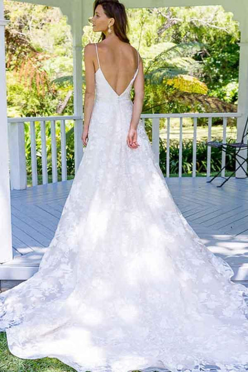 Vestido de novia largo de encaje con escote en A y tirantes finos, espalda descubierta, WD267
