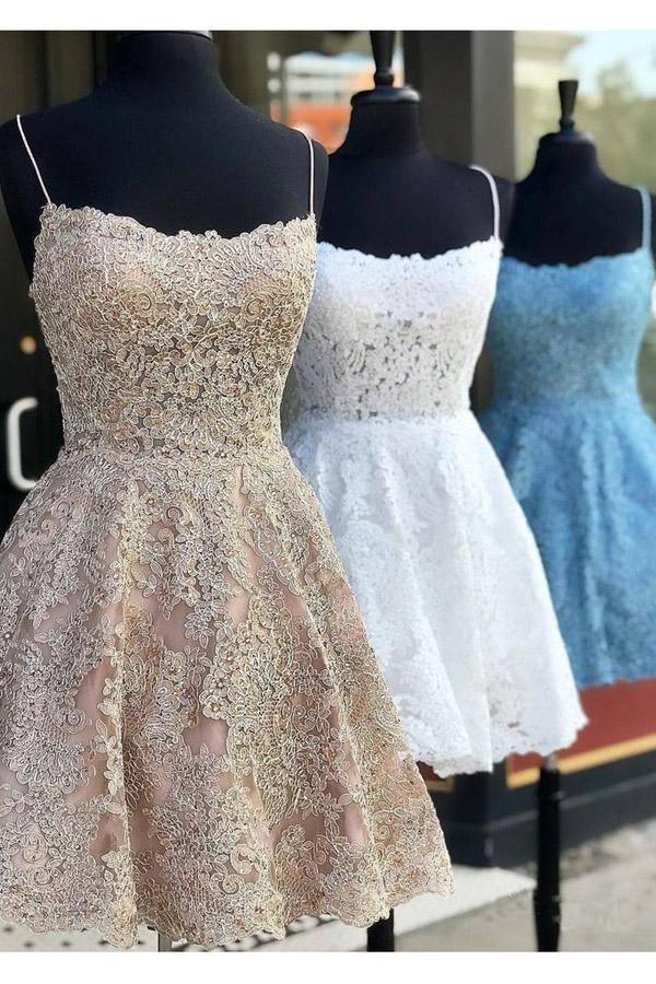 Vestido de fiesta corto de encaje azul con tirantes finos y espalda cruzada PD259