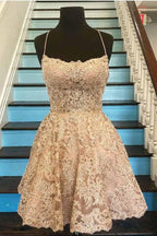A-Linie Spaghettiträger Überkreuzter Rücken Blaue Spitze Kurzes Ballkleid PD259