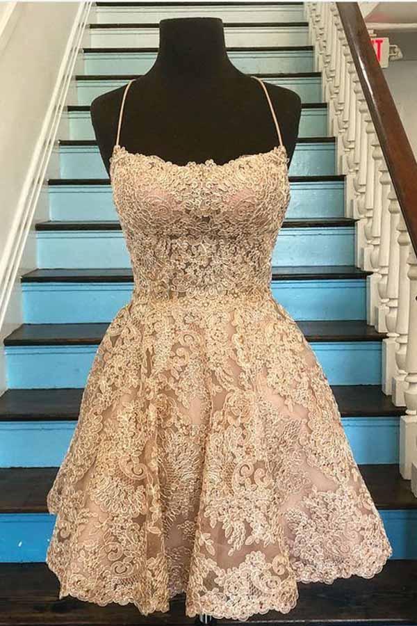 Vestido de fiesta corto de encaje azul con tirantes finos y espalda cruzada PD259