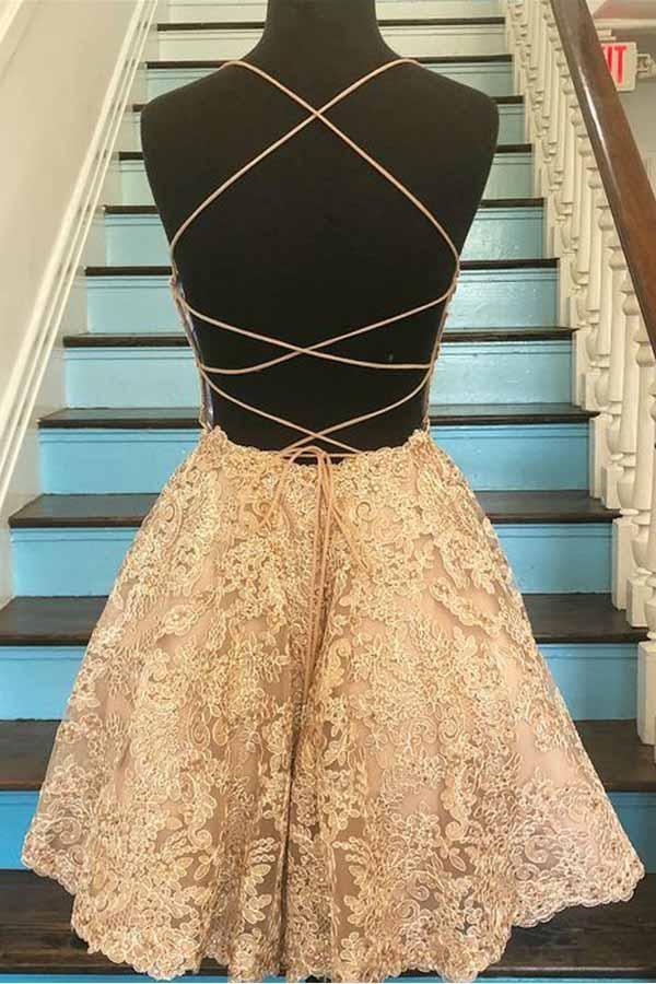 A-Linie Spaghettiträger Überkreuzter Rücken Blaue Spitze Kurzes Ballkleid PD259