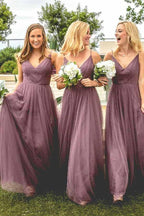 Vestido de dama de honor morado claro, largo hasta el suelo, con tirantes finos, corte A, BD048