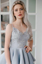 A-Linie Spaghettiträger Grau Satin Homecoming Kleid mit Applikationen PD027