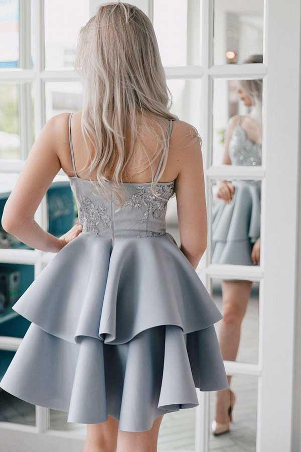 A-Linie Spaghettiträger Grau Satin Homecoming Kleid mit Applikationen PD027