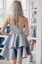 A-Linie Spaghettiträger Grau Satin Homecoming Kleid mit Applikationen PD027