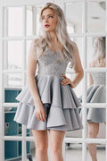 A-Linie Spaghettiträger Grau Satin Homecoming Kleid mit Applikationen PD027