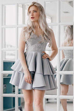 A-Linie Spaghettiträger Grau Satin Homecoming Kleid mit Applikationen PD027
