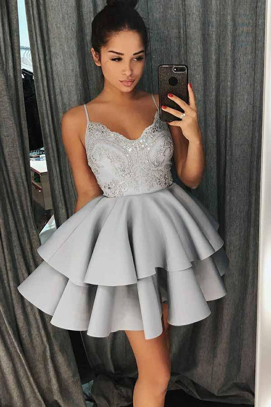 A-Linie Spaghettiträger Grau Satin Homecoming Kleid mit Spitze Perlen PD024