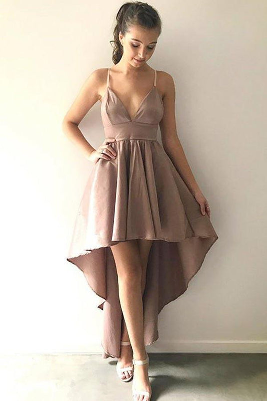 A-Linie Spaghettiträger High Low Blush Satin Homecoming Kleid PD006
