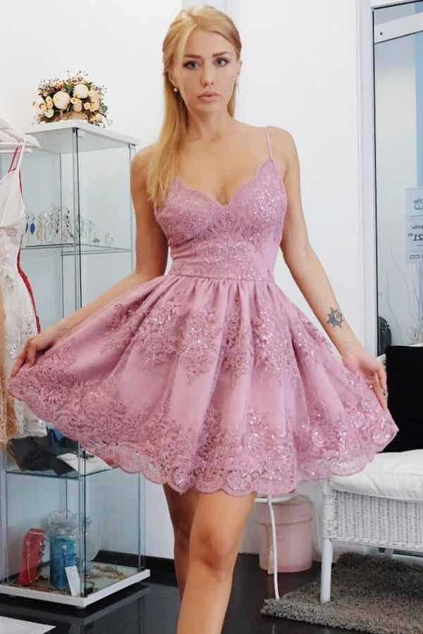A-Linie Spaghettiträger Homecoming Ballkleid mit Applikationen PD056