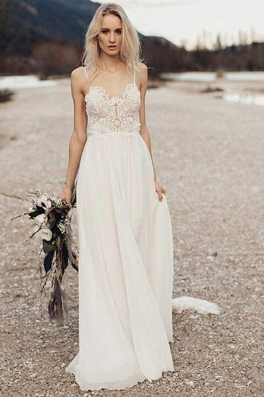A-Linie Spaghettiträger Langes Chiffon Brautkleid mit Spitze WD259