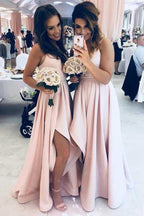 Vestido de dama de honor de satén rosa con escote pronunciado, tirantes finos y corte en A, BD057