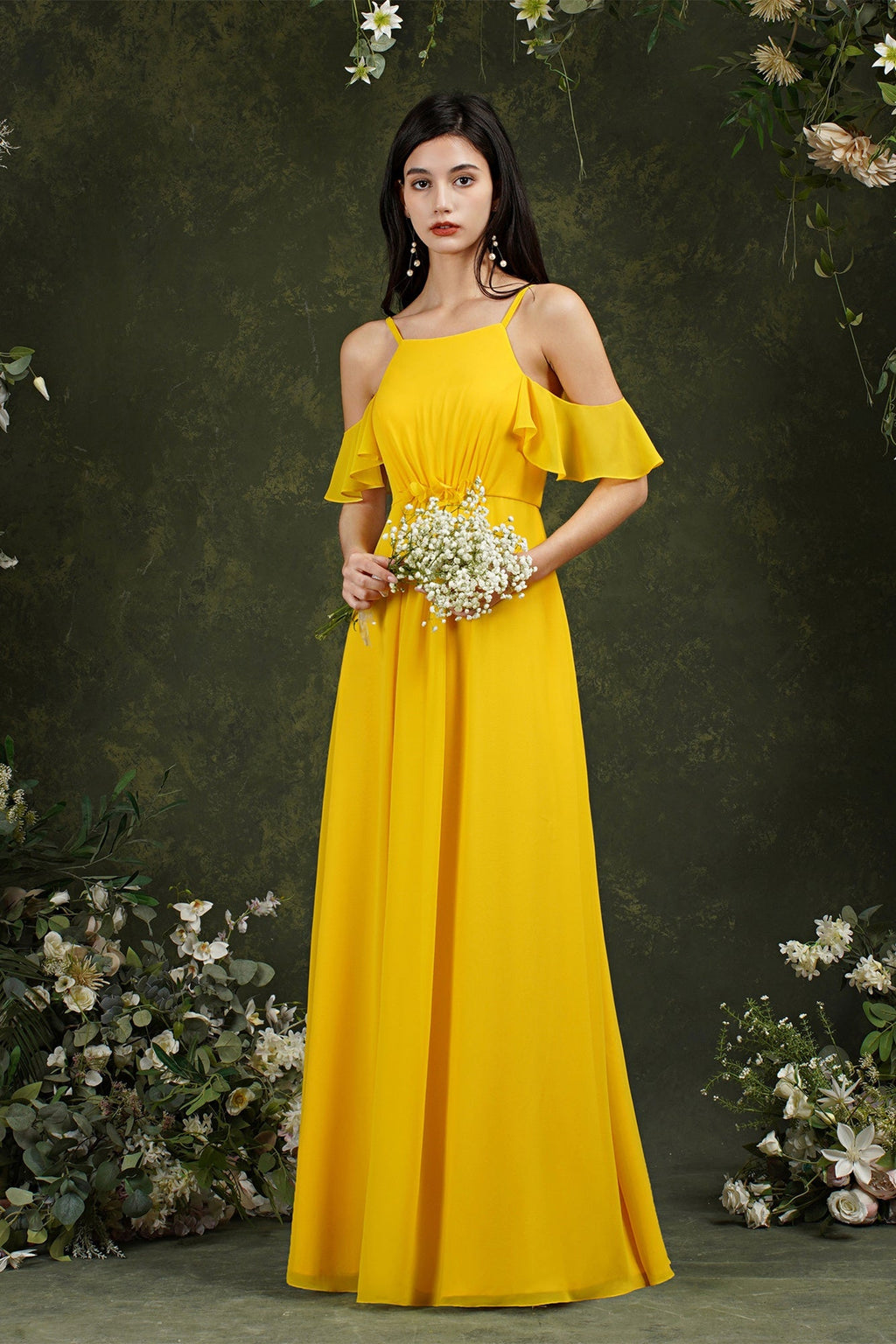 Vestido de dama de honor de gasa con volantes, hombros descubiertos, tirantes finos y bolsillos, corte A