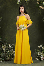 Vestido de dama de honor de gasa con volantes, hombros descubiertos, tirantes finos y bolsillos, corte A