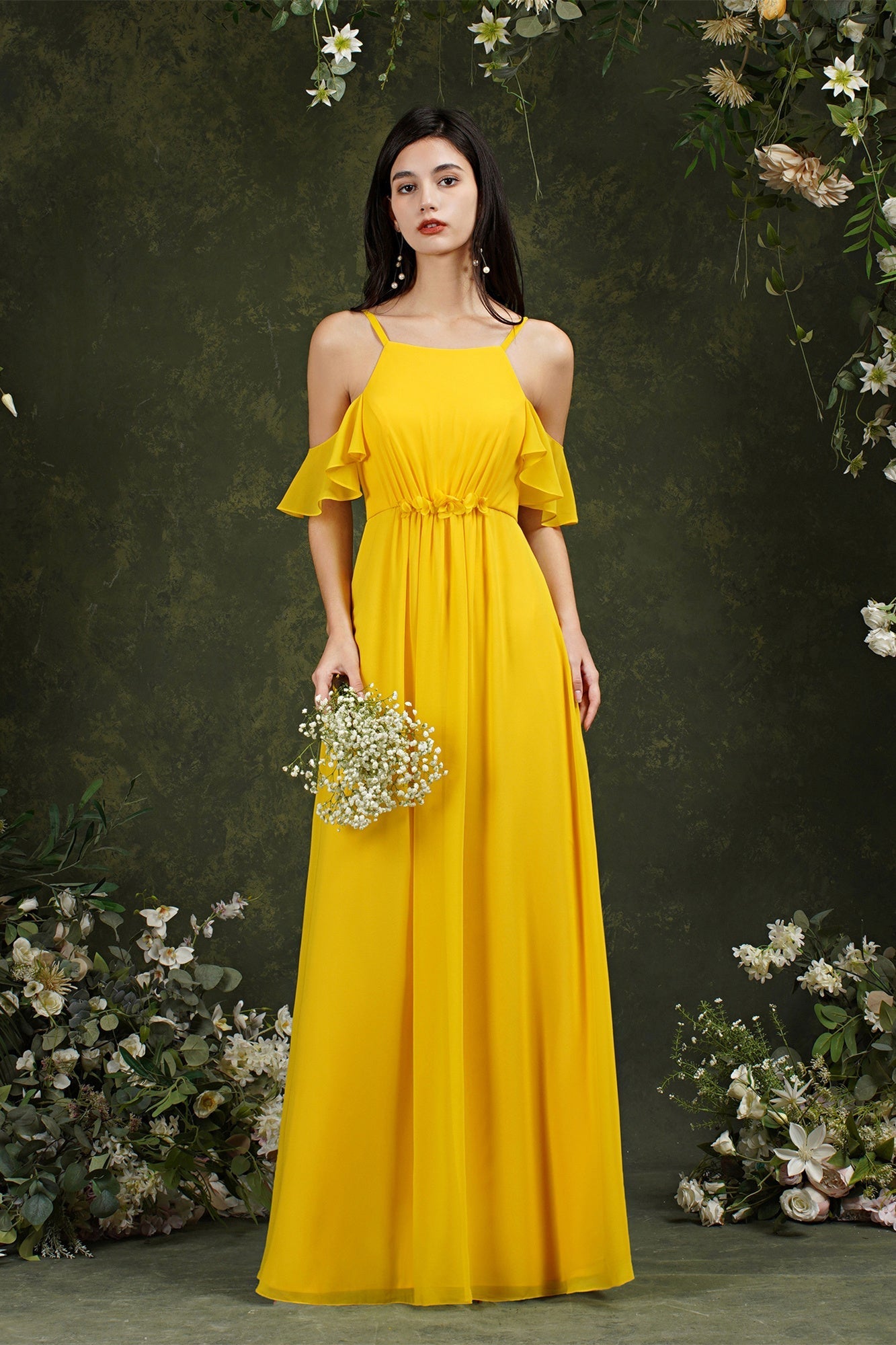 Vestido de dama de honor de gasa con volantes, hombros descubiertos, tirantes finos y bolsillos, corte A