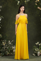 Vestido de dama de honor de gasa con volantes, hombros descubiertos, tirantes finos y bolsillos, corte A