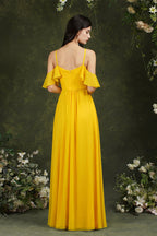 Vestido de dama de honor de gasa con volantes, hombros descubiertos, tirantes finos y bolsillos, corte A