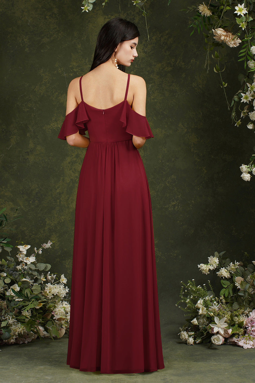Vestido de dama de honor de gasa con volantes, hombros descubiertos, tirantes finos y bolsillos, corte A