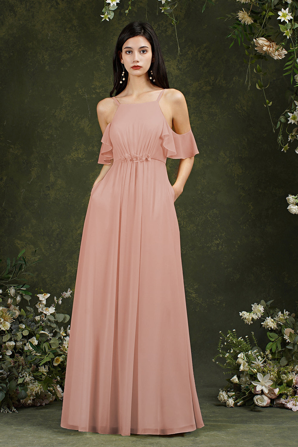 Vestido de dama de honor de gasa con volantes, hombros descubiertos, tirantes finos y bolsillos, corte A