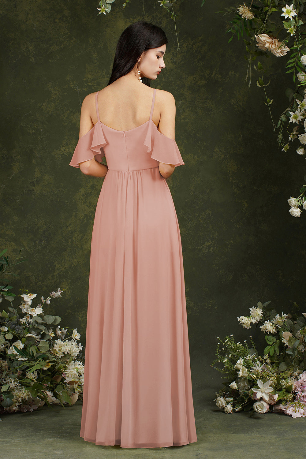 Vestido de dama de honor de gasa con volantes, hombros descubiertos, tirantes finos y bolsillos, corte A
