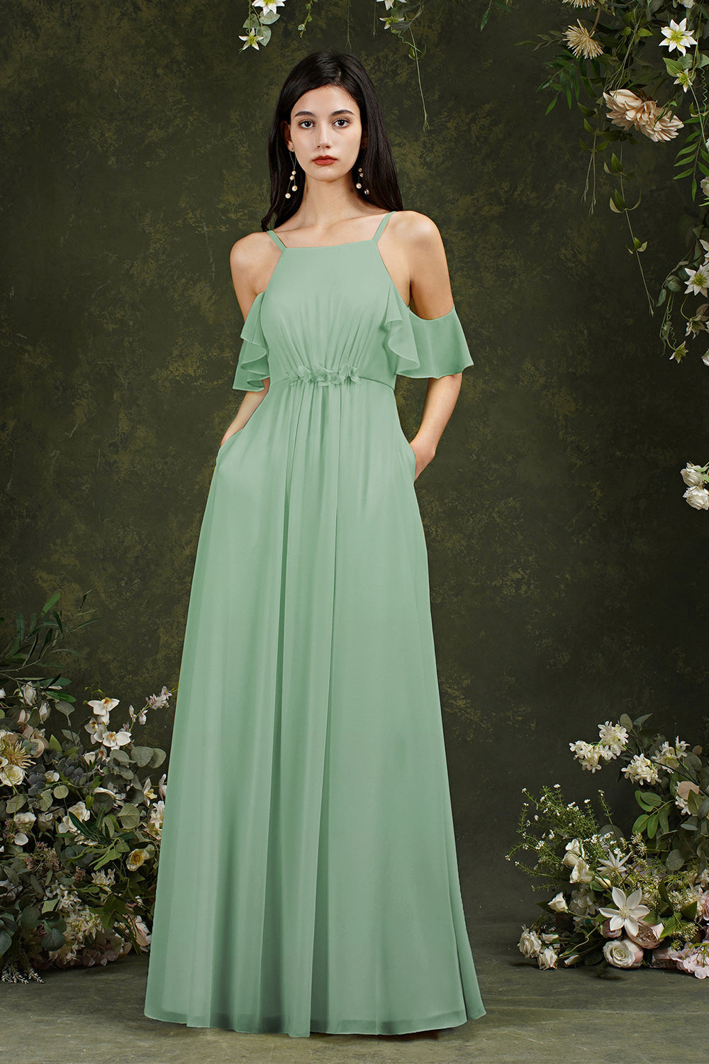 Vestido de dama de honor de gasa con volantes, hombros descubiertos, tirantes finos y bolsillos, corte A