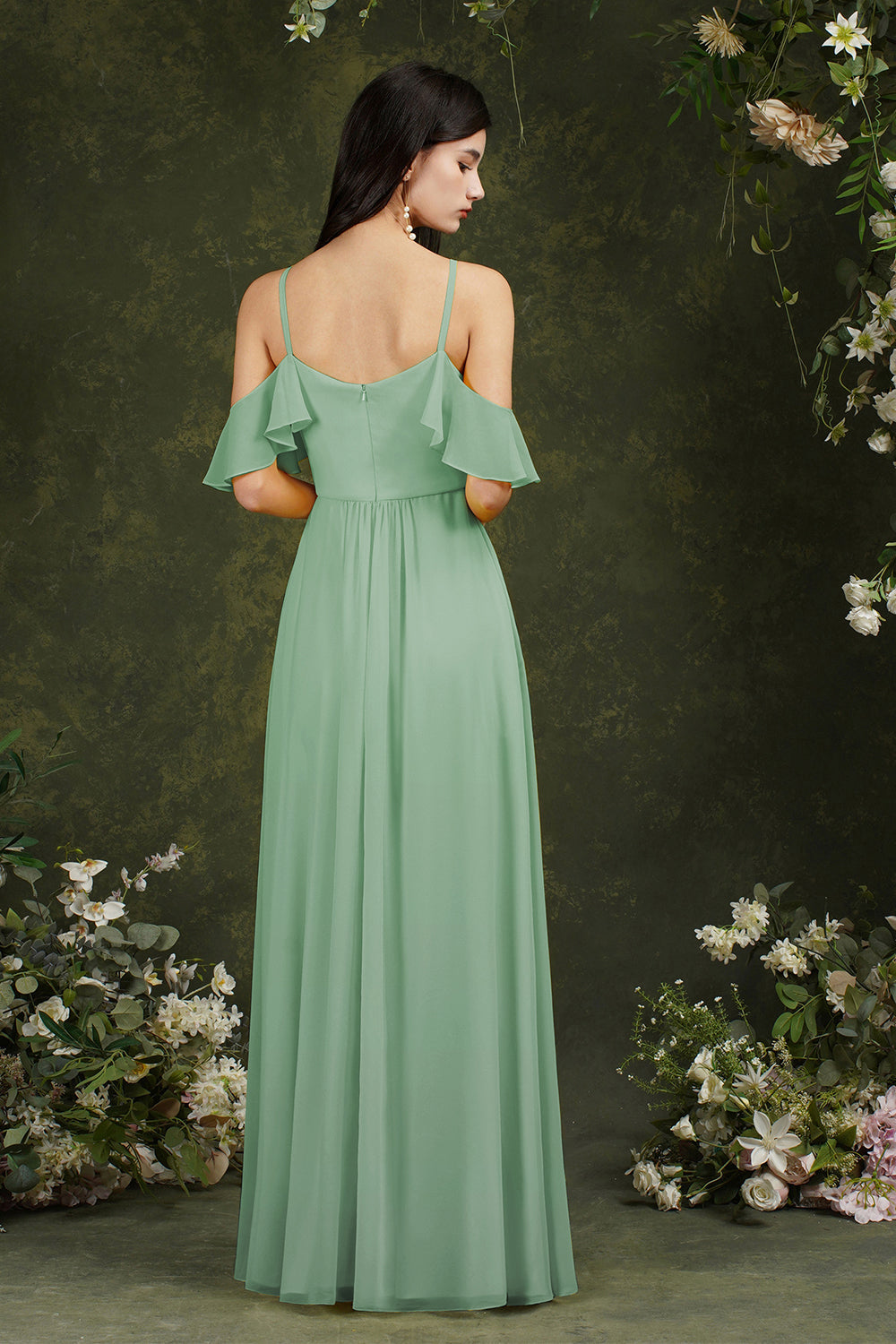 Vestido de dama de honor de gasa con volantes, hombros descubiertos, tirantes finos y bolsillos, corte A