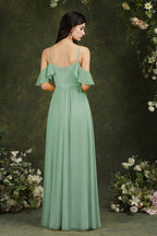 Vestido de dama de honor de gasa con volantes, hombros descubiertos, tirantes finos y bolsillos, corte A