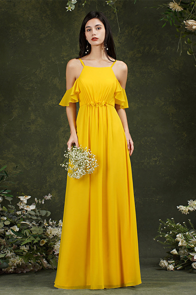 Vestido de dama de honor de gasa con volantes, hombros descubiertos, tirantes finos y bolsillos, corte A