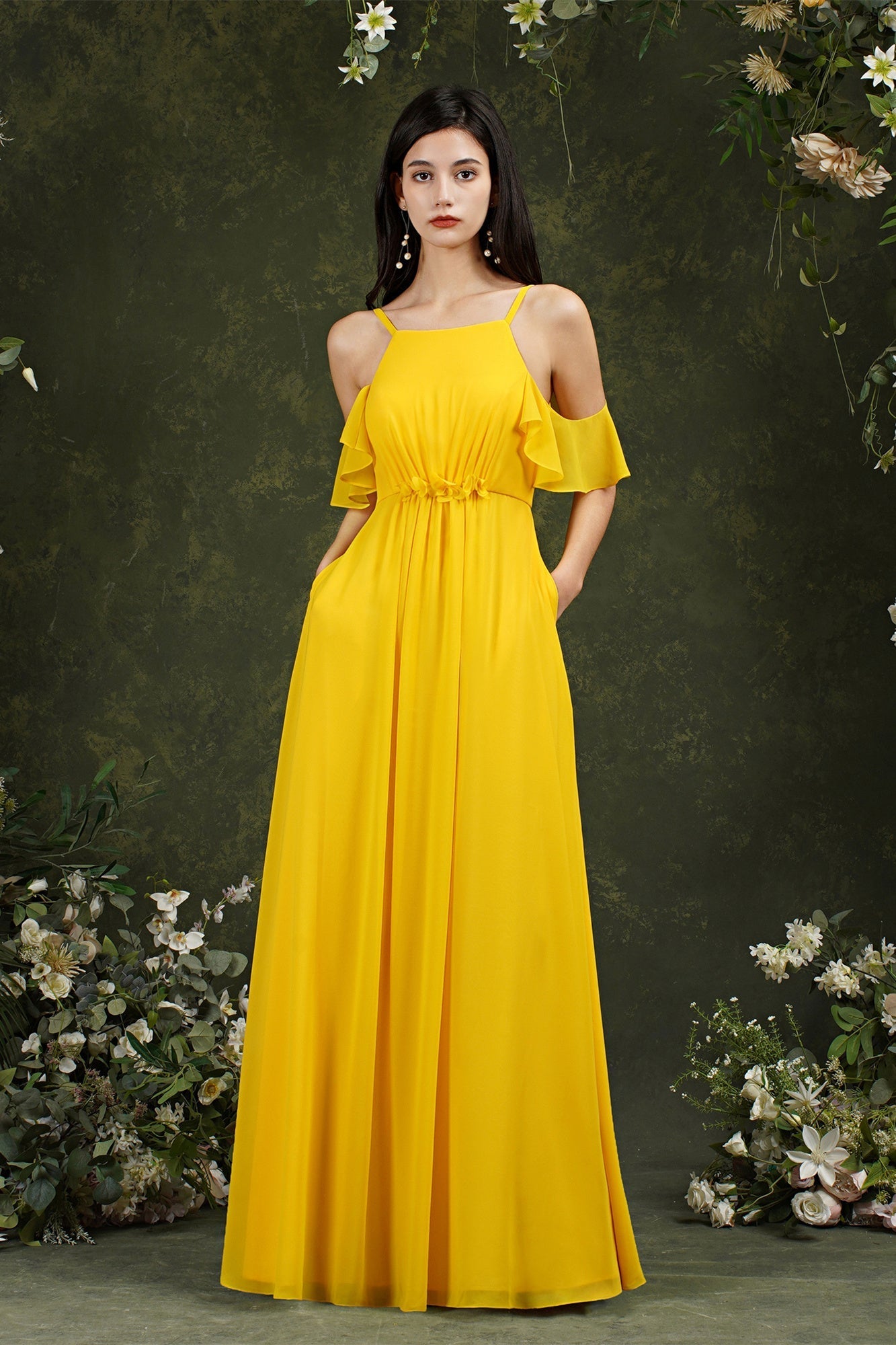 Vestido de dama de honor de gasa con volantes, hombros descubiertos, tirantes finos y bolsillos, corte A
