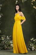 Vestido de dama de honor de gasa con volantes, hombros descubiertos, tirantes finos y bolsillos, corte A