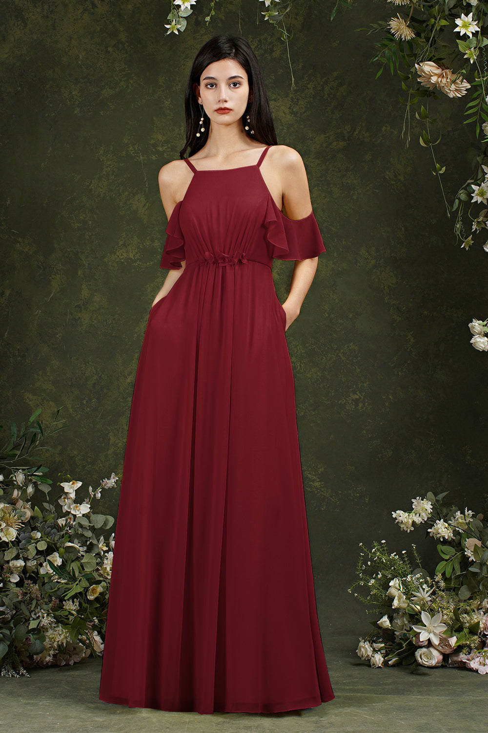 Vestido de dama de honor de gasa con volantes, hombros descubiertos, tirantes finos y bolsillos, corte A