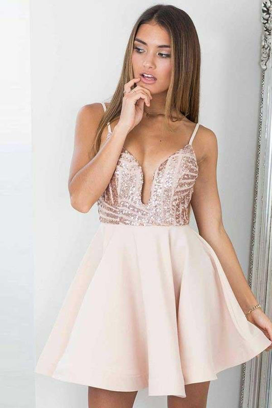 A-Linie Spaghettiträger Perlenrosa Homecoming-Partykleid mit Pailletten PD028