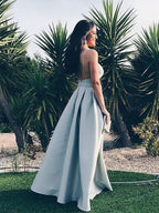 Vestidos de fiesta de satén con volantes, sin mangas, corte A, tirantes finos y largo hasta el suelo