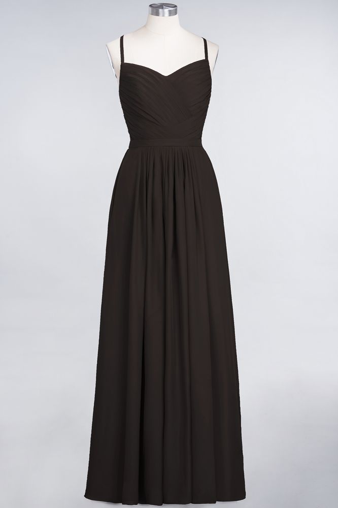 Vestido de dama de honor de corte A con tirantes finos, escote corazón, sin mangas, con volantes, de gasa, vestido de noche largo