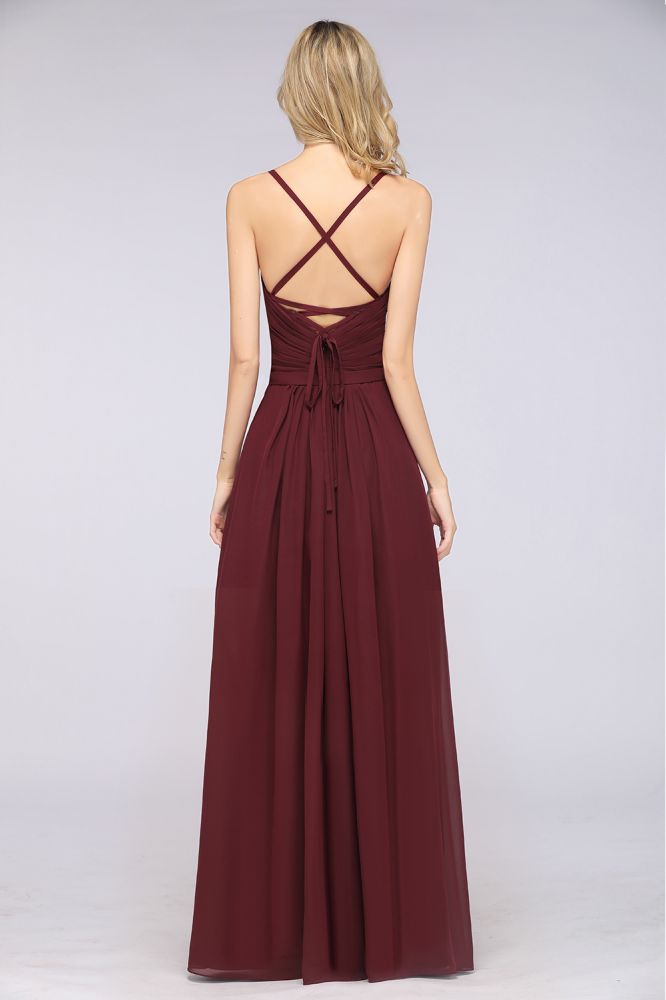 Vestido de dama de honor de corte A con tirantes finos, escote corazón, sin mangas, con volantes, de gasa, vestido de noche largo