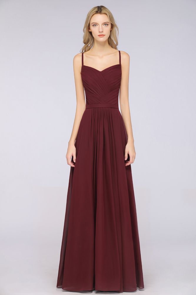 Vestido de dama de honor de corte A con tirantes finos, escote corazón, sin mangas, con volantes, de gasa, vestido de noche largo