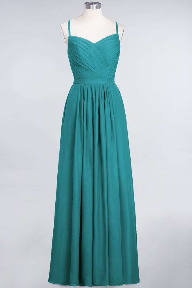 Vestido de dama de honor de corte A con tirantes finos, escote corazón, sin mangas, con volantes, de gasa, vestido de noche largo