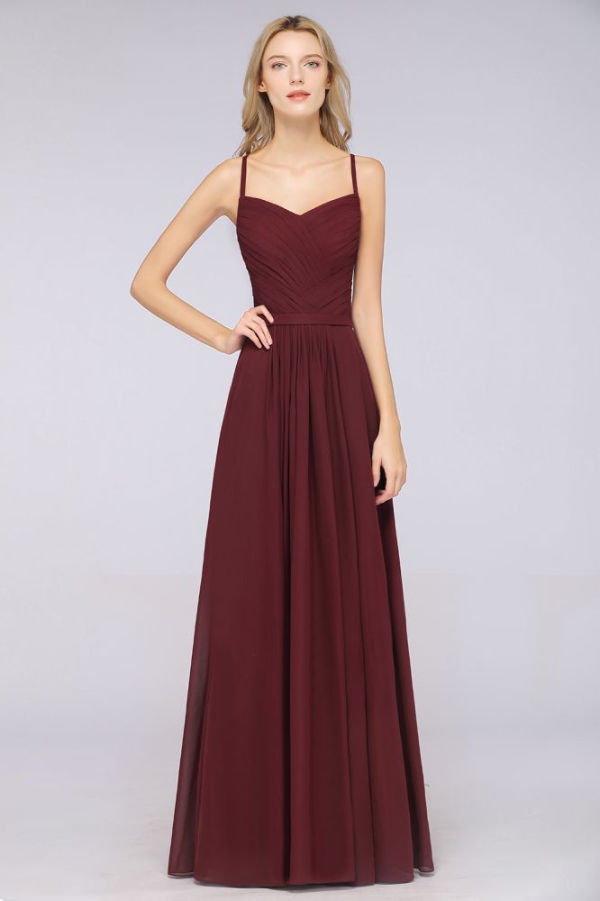 Vestido de dama de honor de corte A con tirantes finos, escote corazón, sin mangas, con volantes, de gasa, vestido de noche largo