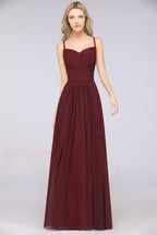 Vestido de dama de honor de corte A con tirantes finos, escote corazón, sin mangas, con volantes, de gasa, vestido de noche largo
