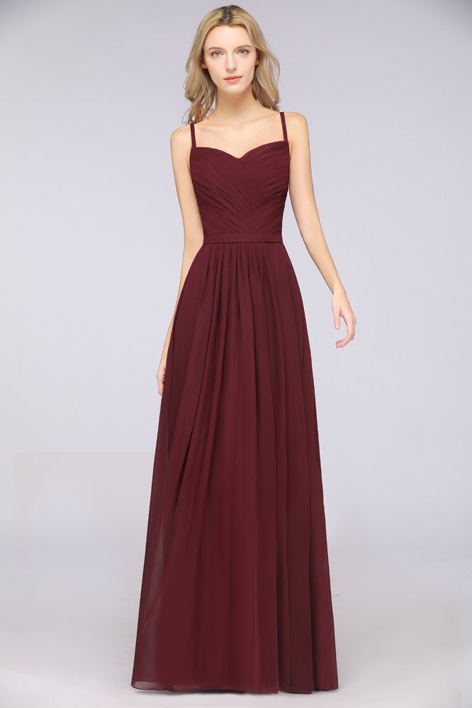 Vestido de dama de honor de corte A con tirantes finos, escote corazón, sin mangas, con volantes, de gasa, vestido de noche largo