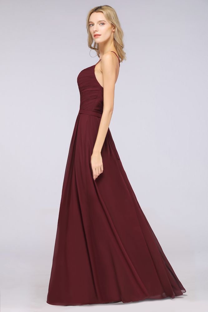 Vestido de dama de honor de corte A con tirantes finos, escote corazón, sin mangas, con volantes, de gasa, vestido de noche largo