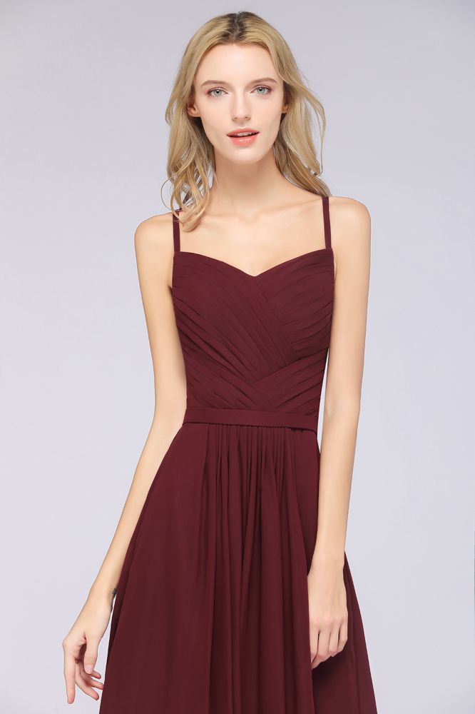 Vestido de dama de honor de corte A con tirantes finos, escote corazón, sin mangas, con volantes, de gasa, vestido de noche largo