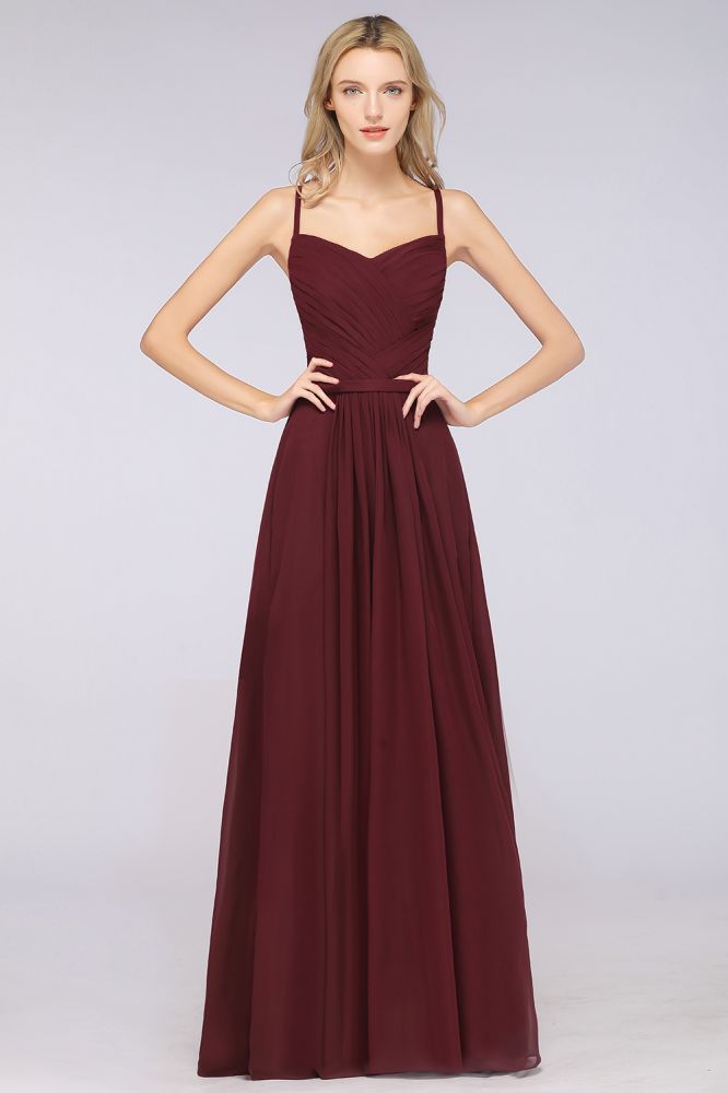 Vestido de dama de honor de corte A con tirantes finos, escote corazón, sin mangas, con volantes, de gasa, vestido de noche largo