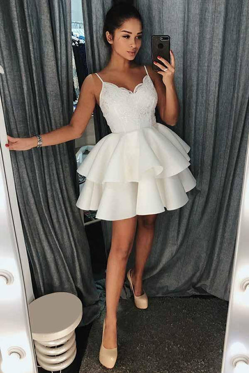 Vestido de fiesta corto de satén con escote en A, tirantes finos y encaje, PD025