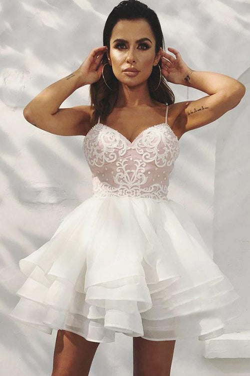 Vestido de fiesta blanco con escote en A, tirantes finos y apliques, PD405