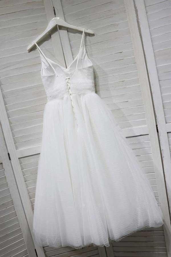 Weißes A-Linien-Ballkleid mit Spaghettiträgern und Tüll PD154