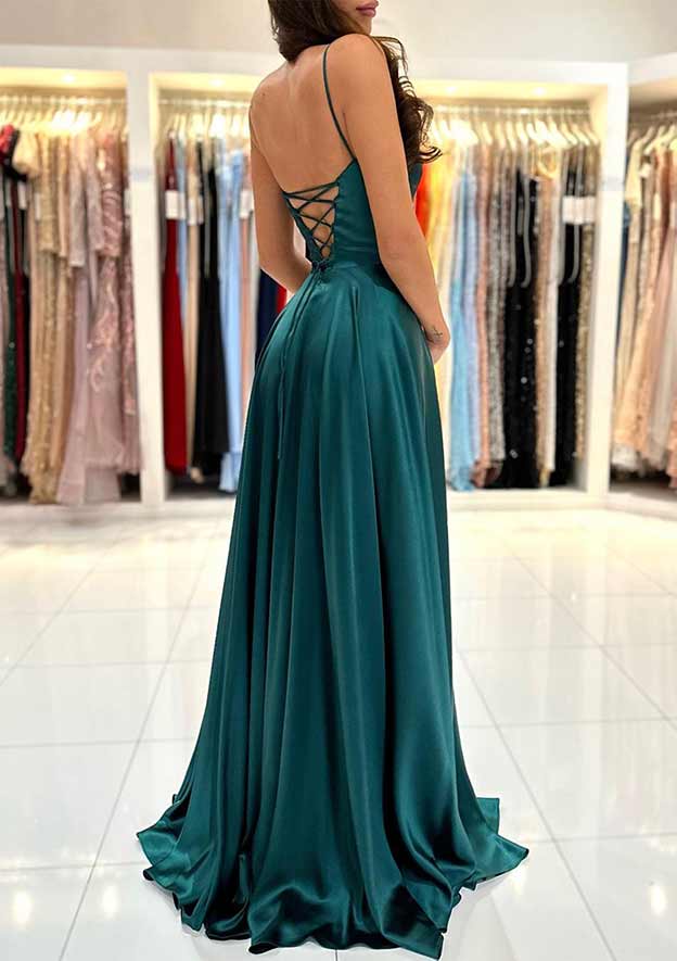 Vestido de fiesta largo con escote cuadrado, tirantes finos, espalda descubierta y abertura en la parte delantera