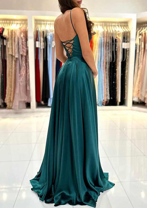 Vestido de fiesta largo con escote cuadrado, tirantes finos, espalda descubierta y abertura en la parte delantera