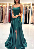Vestido de fiesta largo con escote cuadrado, tirantes finos, espalda descubierta y abertura en la parte delantera